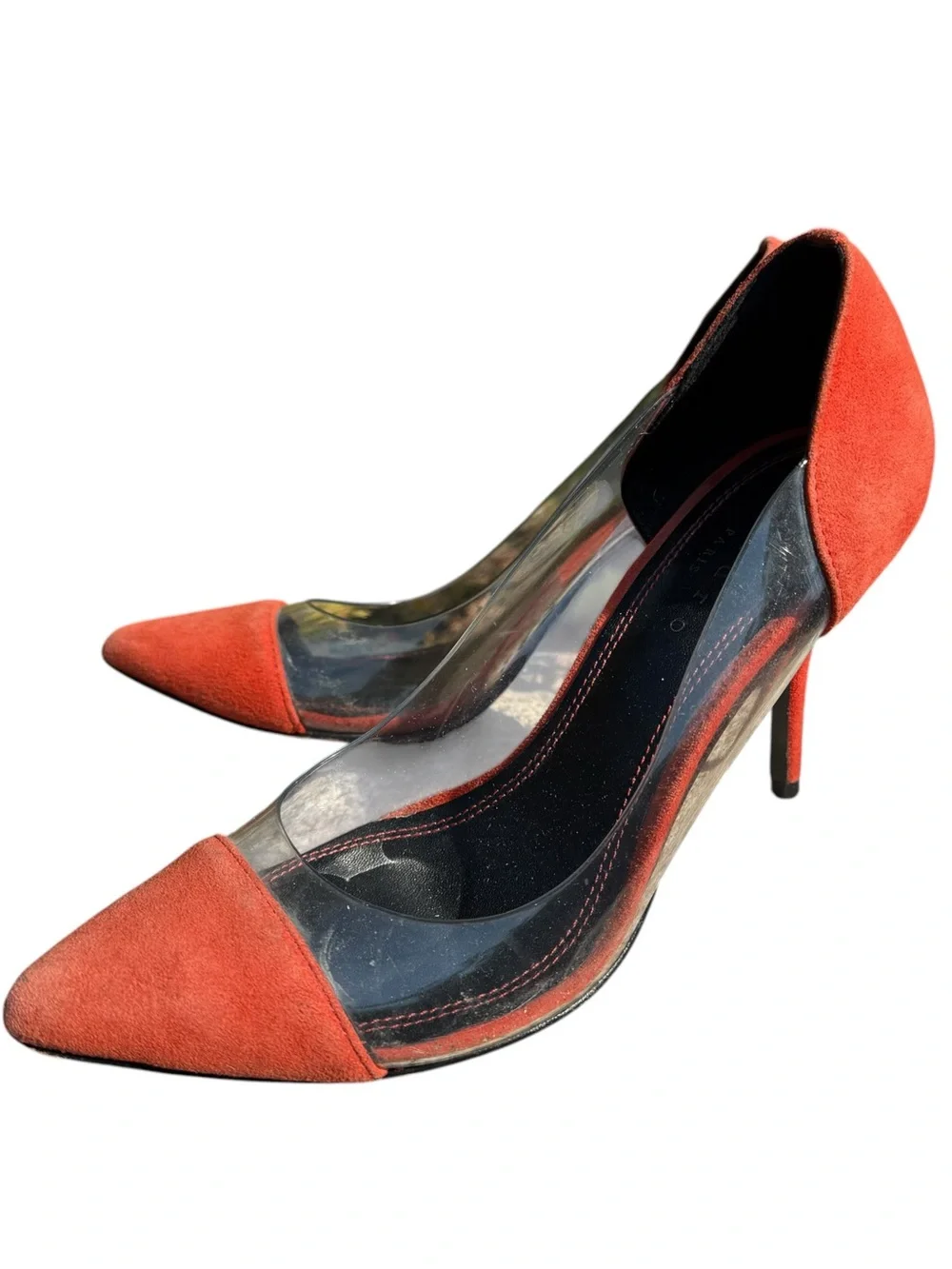 Sandro Paris Orange Suede Clear PVC D’Orsay Stiletto Pumps Heels EU 36 Y2K US 6